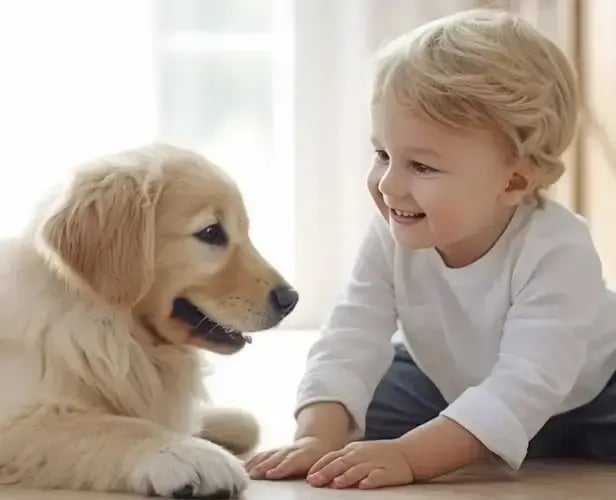 Child next to puppy