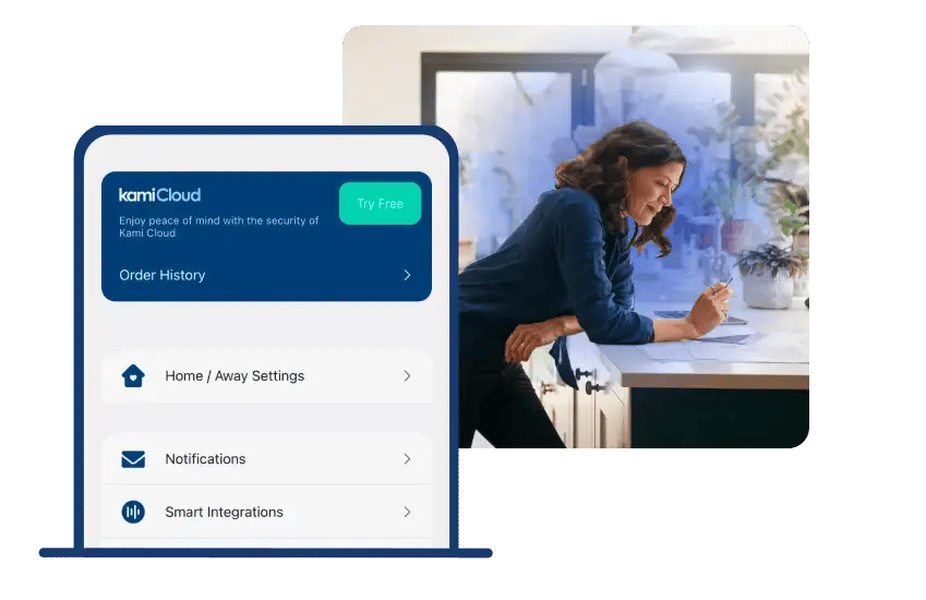 Woman leaning over counter with KamiHome UI